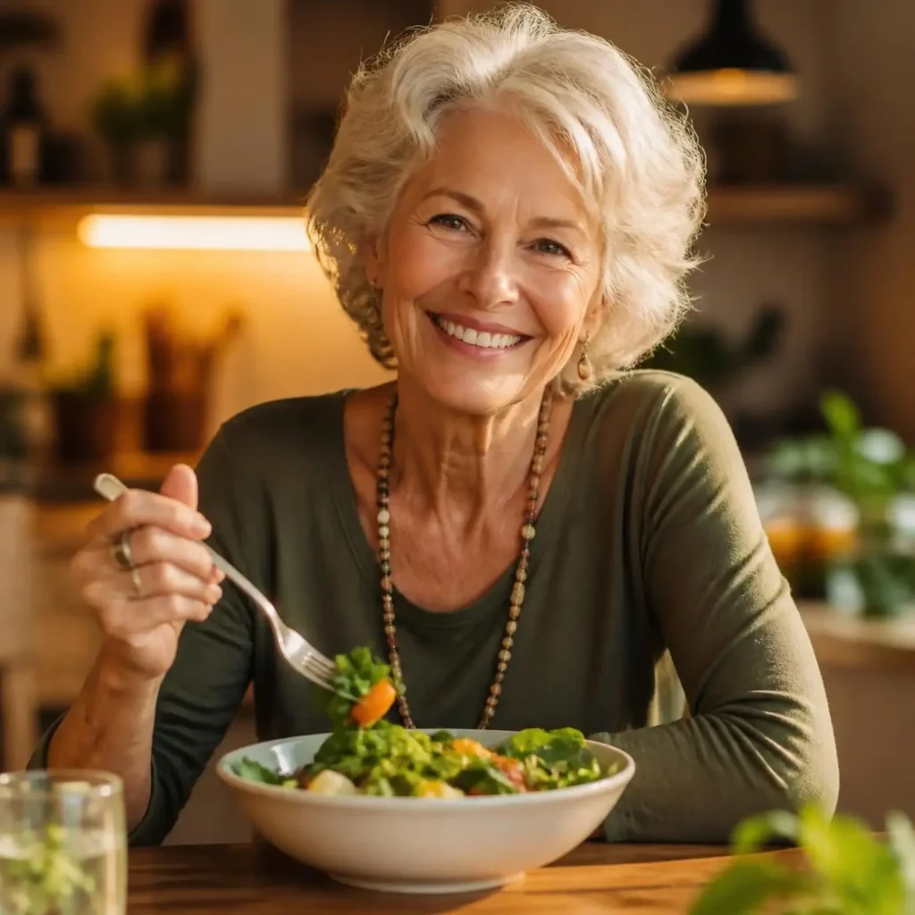 Mujer a partir de los 40 disfrutando de una alimentación saludable